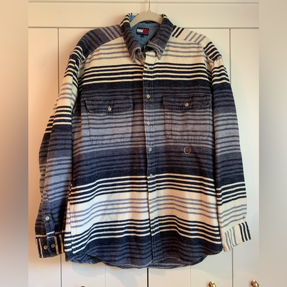Vintage Tommy Hilfiger Flannel Button‎ Down Shirt Blue White Stripe Large